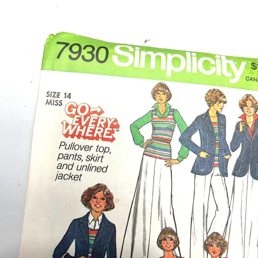 Simplicity Vintage 1970's Pattern #7930 Misses Pants/Skirt/Top/ Jacket Size 14‎